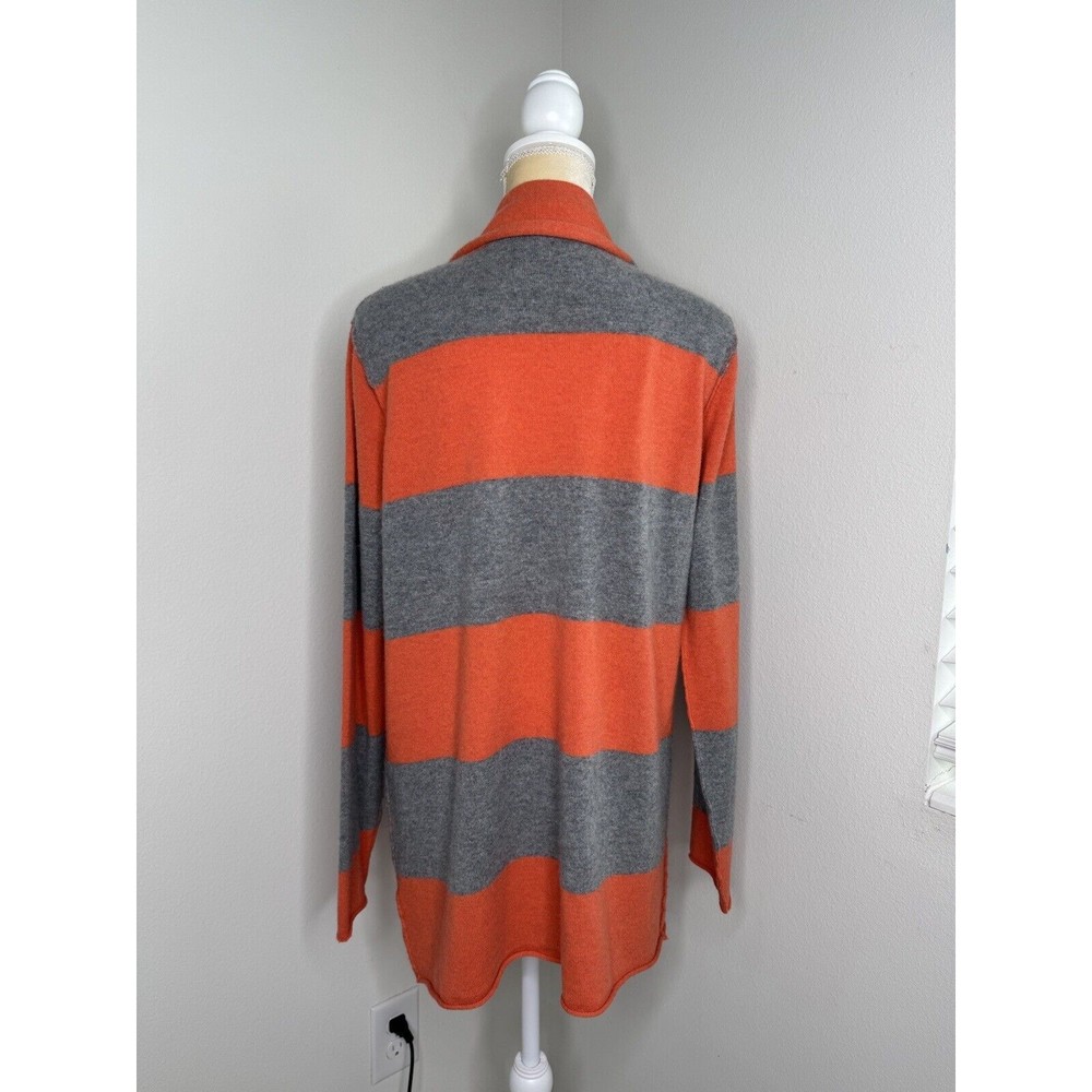 Pure Amici Cashmere Cardigan Orange Gray Striped Open Front Pockets - Picture 3 of 12